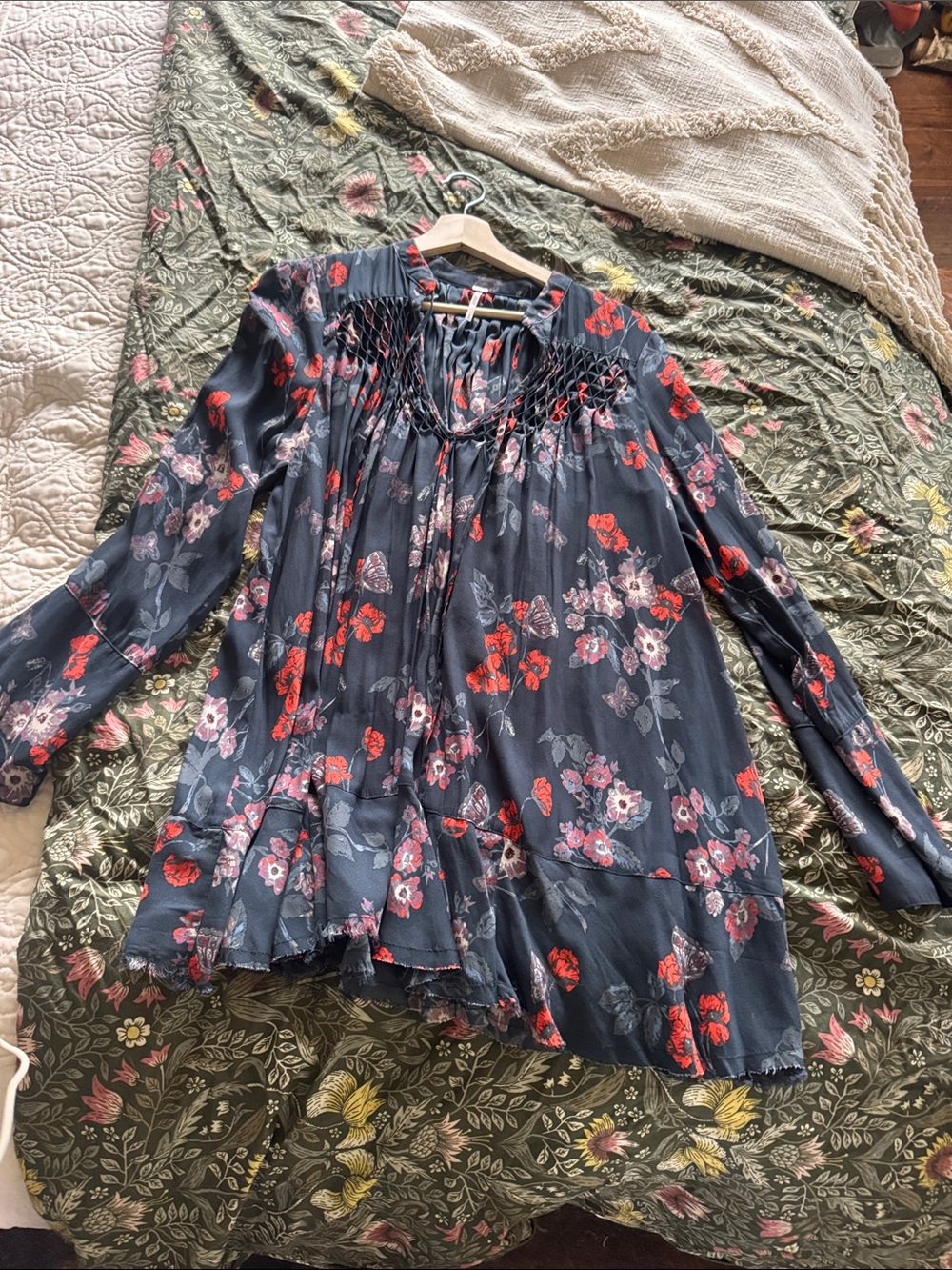 Free People Navy Floral Smocked Neck Blouse with Red and Pink Blossoms